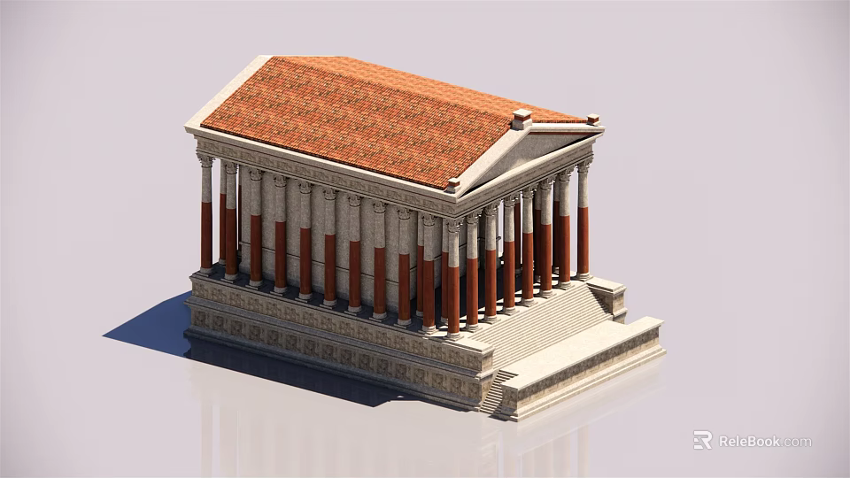 European Style Architecture With Red Tiled Roof White Columns And Stone Steps 3d model 