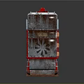 Modern Stacked Electrical Appliance With Metallic Body Red Panels And Fan