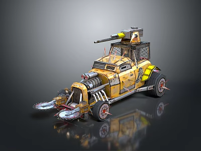 Yellow Modified Smart Machine With Mounted Gun And Armored Metal Wheels 3d model