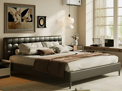 Modern Bedroom Double Bed With Leather Headboard Nightstand Table Lamp Window Rug And Decorative Art 3d model