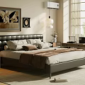 Modern Bedroom Double Bed With Leather Headboard Nightstand Table Lamp Window Rug And Decorative Art