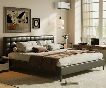 Middle Aged Double Bed Black Leather Bed Leather Bed Black Bed Middle Style Master Bedroom Bed Backrest Bed Leather Backrest Bed Middle Style Bedroom Chandelier 3d model
