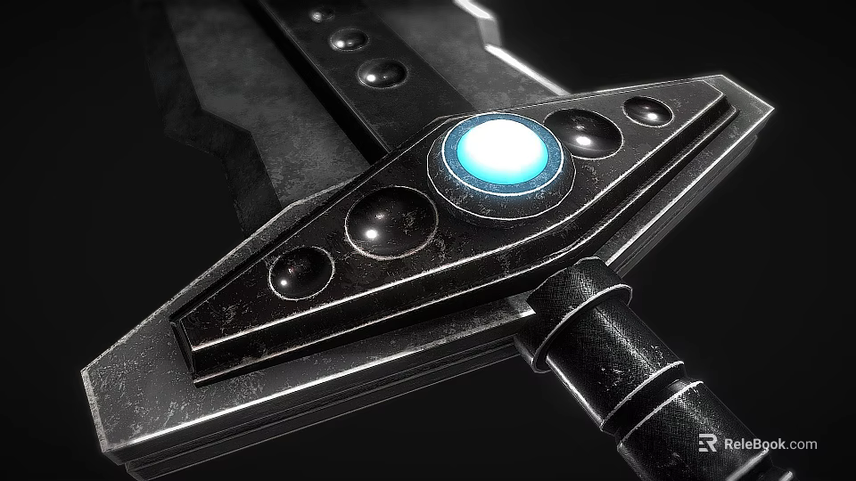 Futuristic Fantasy Sword With Blue Glowing Gem Metal Hilt Guard And Black Handle 3d model 