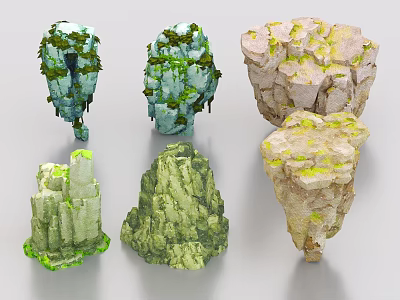 Diverse Natural Stone Formations Covered with Green Moss and Unique Shapes 3d model