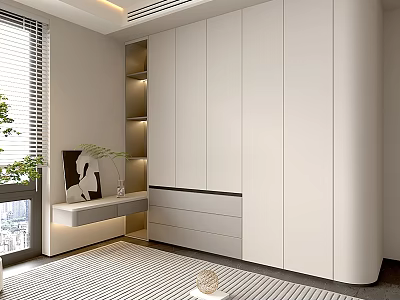 Modern Minimalist White Wardrobe Interior Design With Built in Shelves Drawers Window And Plant 3d model