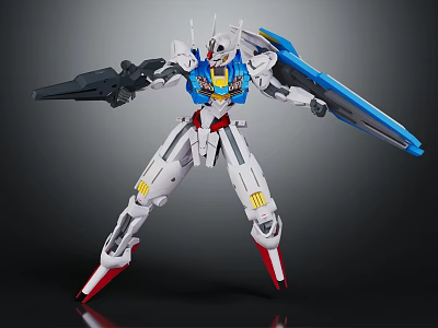 Robot Action Figure With White Blue Red Armor Standing In Action Pose And Long Sword 3d model
