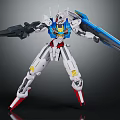 Robot Action Figure With White Blue Red Armor Standing In Action Pose And Long Sword
