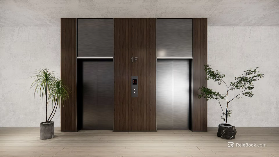 Modern Elevator Lobby With Dark Elevator Doors Wooden Panels Light Walls And Potted Plants 3d model 