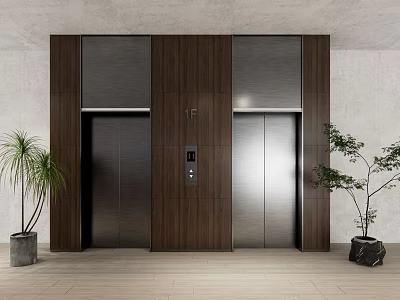 Modern Elevator Lobby With Dark Elevator Doors Wooden Panels Light Walls And Potted Plants 3d model