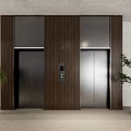 Modern Elevator Lobby With Dark Elevator Doors Wooden Panels Light Walls And Potted Plants