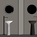 Marble And Gray Washbasins With Black Faucets Round Mirrors On Beige Wall And Glass Partitions