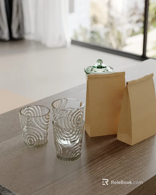 Decorative Ornament Set Featuring Spiral Glass Cups Brown Paper Bags and Green Lid Container 3d model 