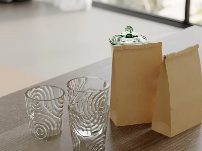 Decorative Ornament Set Featuring Spiral Glass Cups Brown Paper Bags and Green Lid Container 3d model