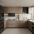 Modern Kitchen With Wooden Cabinets Black Appliances And Built In Countertop