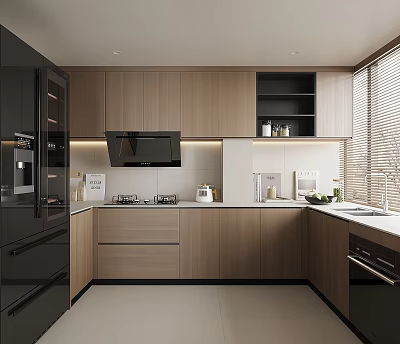 Modern Kitchen With Wooden Cabinets Black Appliances And Built In Countertop 3d model
