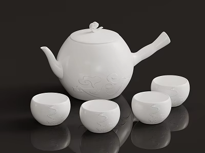 White Ceramic Teapot And Teacups Set With Intricate Patterns On Dark Background 3d model
