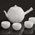 White Ceramic Teapot And Teacups Set With Intricate Patterns On Dark Background 3d model