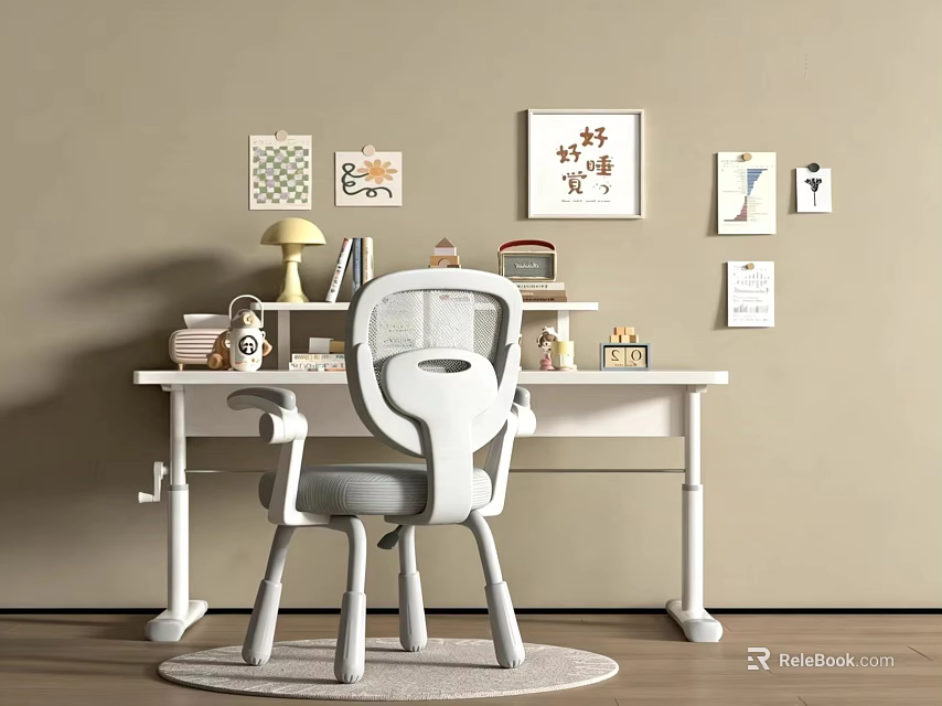 White Desk And Chair With Grey Cushion In Study Area With Lamp Books Wall Art 3d model 