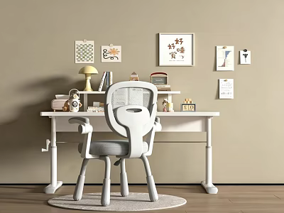 White Desk And Chair With Grey Cushion In Study Area With Lamp Books Wall Art 3d model