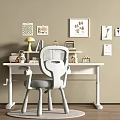 White Desk And Chair With Grey Cushion In Study Area With Lamp Books Wall Art