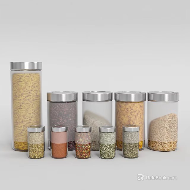 Decorative Ceramic Jars in Various Sizes with Silver Lids for Storing Grains and Spices 3d model 