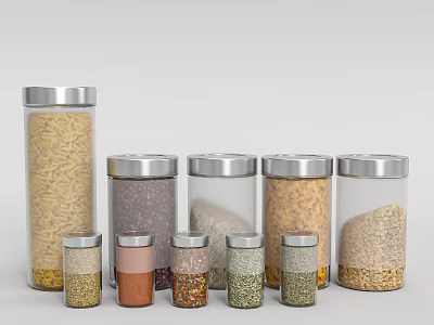 Decorative Ceramic Jars in Various Sizes with Silver Lids for Storing Grains and Spices 3d model