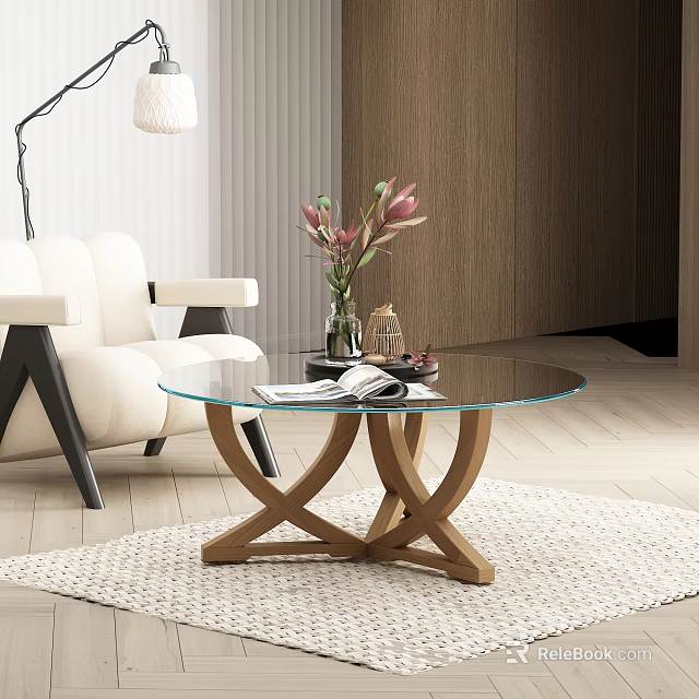 Modern Glass Top Coffee Table With Wooden Crossed Legs In Living Room 3d model 