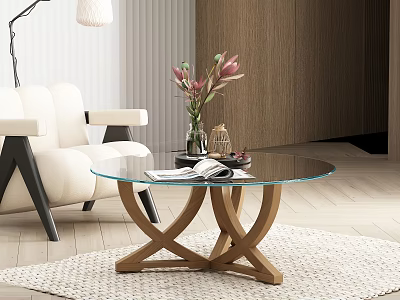 Modern Glass Top Coffee Table With Wooden Crossed Legs In Living Room 3d model