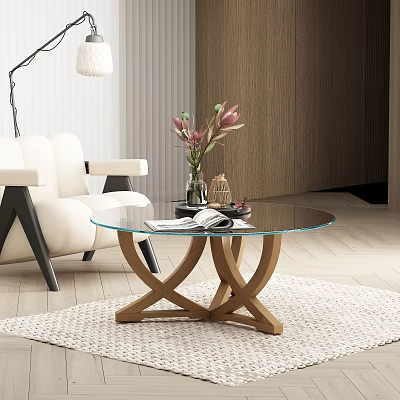 Modern Glass Top Coffee Table With Wooden Crossed Legs In Living Room 3d model