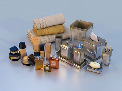 Stylish Household Daily Necessities With Rolled Towels Perfume Bottles Soap And Storage Boxes 3d model