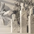 Traditional Stone Pillars With Lion Statues Intricate Carvings Green Plants And Brick Wall