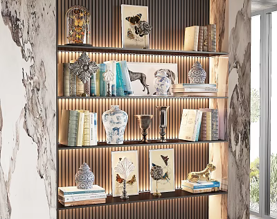 Elegant Bookshelf With Books Magazines Decorative Vases Sculptures And Framed Art On Marble Wall 3d model