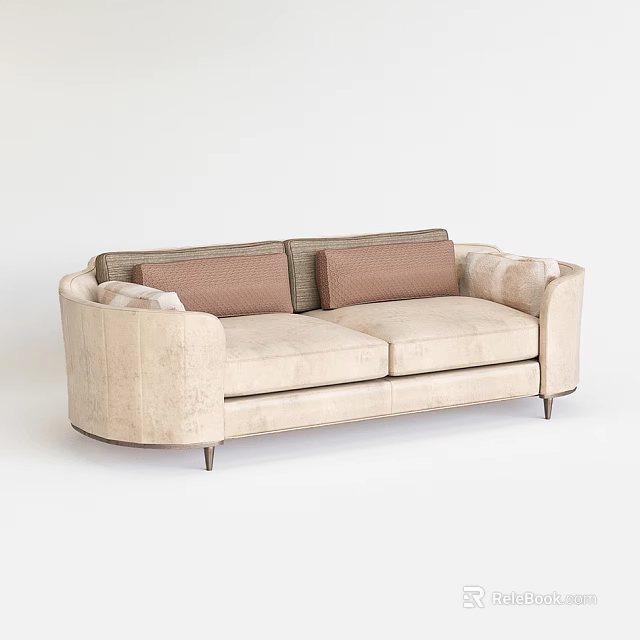 Modern Beige Double Sofa With Plush Cushions Brown Pillows And Metal Legs 3d model 