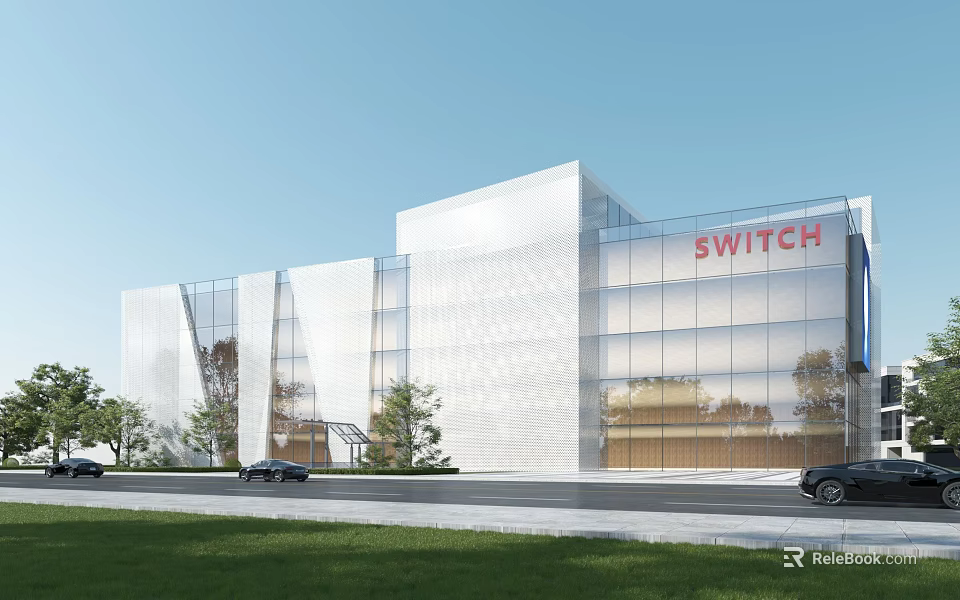 Modern Office Building Featuring White Exterior Glass Facade SWITCH Signage And Green Landscape 3d model 