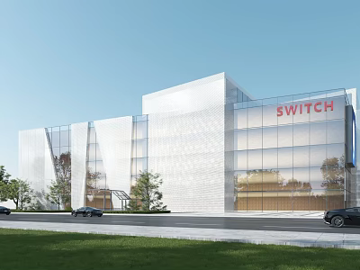 Modern Office Building Featuring White Exterior Glass Facade SWITCH Signage And Green Landscape 3d model