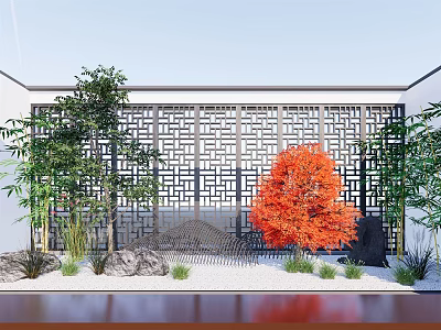 Indoor Landscape With Chinese Lattice Screen Green Plants Red Maple Tree Stones And Water Reflection 3d model