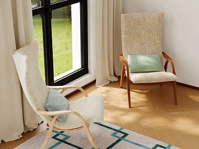 Middle Ancient Style Leisure Chair Lamb Wool Sofa Chair Recliner Armrest High Back Chair Pillow 3d model