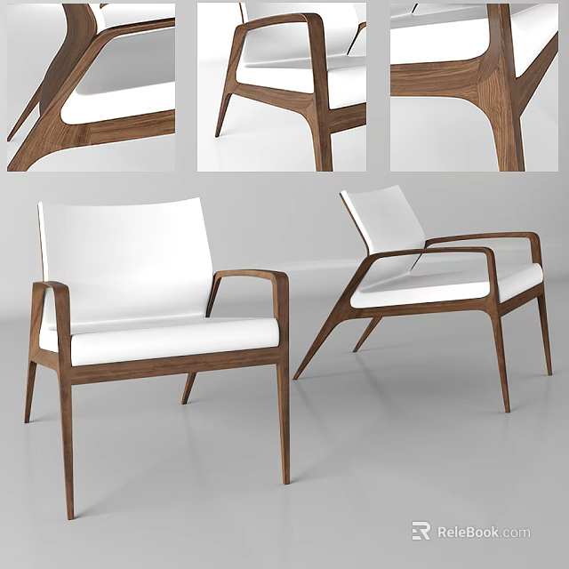 Stylish Leisure Chair with Wooden Frame White Upholstery and Armrests in Modern Design 3d model 