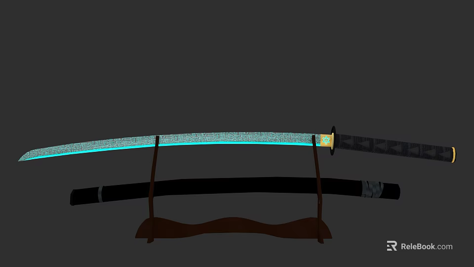 Traditional Japanese Katana Weapon Displayed On Wooden Stand With Sharp Blade And Black Handle 3d model 