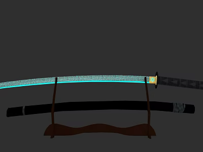 Traditional Japanese Katana Weapon Displayed On Wooden Stand With Sharp Blade And Black Handle 3d model