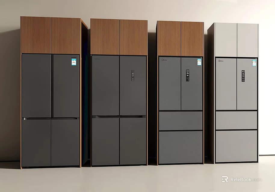 Modern Fridge Freezers With Wooden Top Panels And Dark Light Color Designs 3d model 