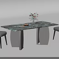 Contemporary Table and Chair Set Featuring Marble Top Metal Legs Black Backrest Grey Cushion