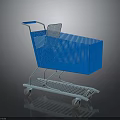 Blue Shopping Cart With Mesh Basket And White Wheels On Dark Background