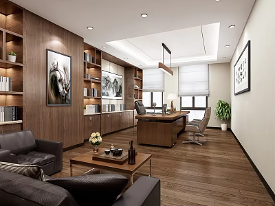Modern Office Interior Design With Wooden Walls Bookshelves Desk Sofa Plants And Artwork 3d model