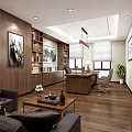 Modern Office Interior Design With Wooden Walls Bookshelves Desk Sofa Plants And Artwork