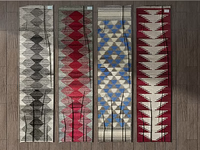 Modern Square Rugs With Geometric Patterns In Assorted Colors On Wooden Floor 3d model