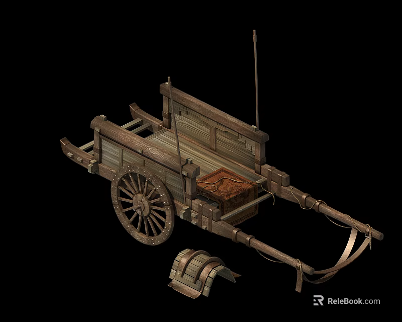 Ancient Wooden Cart Design With Spoked Wheel And Storage Box 3d model 