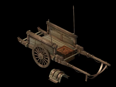Ancient Wooden Cart Design With Spoked Wheel And Storage Box 3d model