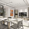Modern Living and Dining Room Interior With White Sofa Coffee Table Large Windows And Plants