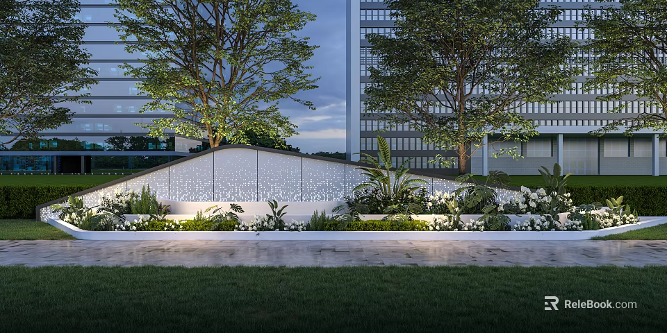 Modern Residential Building With Landscaped Gardens Lawn Flower Beds Trees And Illuminated Exterior 3d model 